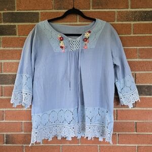 Boho Blue Lace Tunic Top L Crochet Hem Floral Embroidery Flowy
